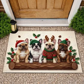 Festive French Bulldogs Christmas Holly - Holiday Dog Lover Gift Doormat