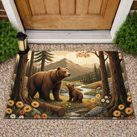 Mother Bear Cub Lush Forest Mountain Scene - Wildlife Lover Gift Doormat