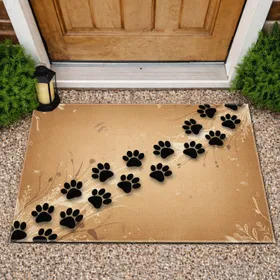 Realistic Winding Black Paw Prints Trail Earthy Background - Outdoor Decor Gift for Dog Lover Doormat