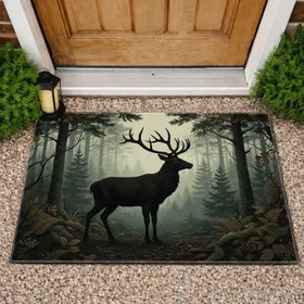Charcoal Stag Textured Antlers Silhouette Pine Forest Woodland - Wildlife Home Decor Gift Doormat
