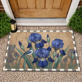 Blue Iris Flowers Bird Buffalo Check Border - Farmhouse Home Decor Gift Doormat