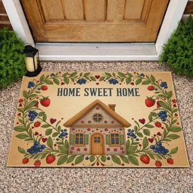 Home Sweet Home Folk Art House Rustic Botanical Vines Berries - Home Decor Gift Doormat