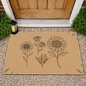 Sunflower Rose Daisy Floral Black Outline Brown Background - Home Decor Gift Doormat