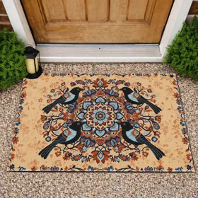 Black Birds Mandala Geometric Floral Folk Art Vines - Home Decor Gift for Bird Lovers Doormat