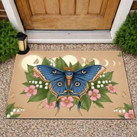 Blue Atlas Moth Celestial Moons Garden Flowers - Nature Lover Home Decor Gift Doormat