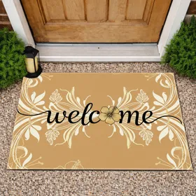 Welcome Golden Hibiscus Art Nouveau Botanical Home Decor Gift Doormat
