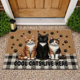 Cool Cats Live Here Orange Black Calico Cats Paw Prints Buffalo Plaid - Cat Lover Home Decor Doormat