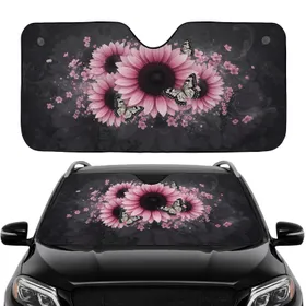 Pink Sunflowers Black Butterflies Delicate Florets - Car Interior Accent Gift Car Sunshade