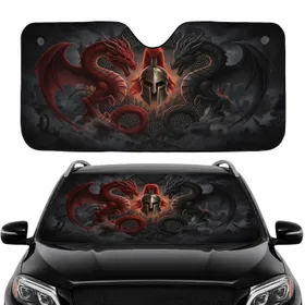 Formidable Spartan Helmet Red Plume Dragons Greek Key Meander Pattern - Epic Fantasy Decor Gift Car Sunshade