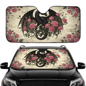 Majestic Heavily Scaled Black Dragon Pink Roses Ethereal Scrollwork - Fantasy Lover Gift Car Sunshade
