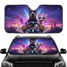 Doberman Sphynx Cat Mirrored Sunglasses Steering Wheel - Car Enthusiast Gift for Pet Owners Car Sunshade