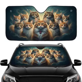Fluffy Majestic Long-Haired Ginger Tabby Calico Cats with Red Bell Collar - Cat Lover Gift Car Sunshade