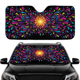 Vibrant Fluid Droplets Petals Swirls Burst Black Background - Car Decor Gift Car Sunshade