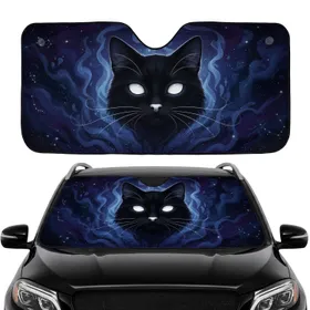 Large White Eyes Whiskers Black Cat Face Starlight Deep Cosmic Night Sky - Cat Lover Gift Car Sunshade