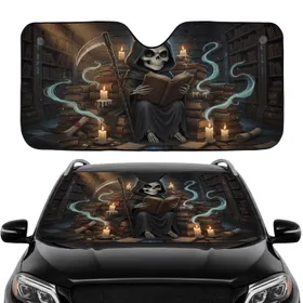 Chibi Grim Reaper Reading Ancient Book Mystical Library Fantasy Car Decor Gift Car Sunshade