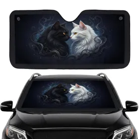 Black White Long-Haired Cats Golden Eyes Noses Touching - Feline Lover Auto Accessory Car Sunshade