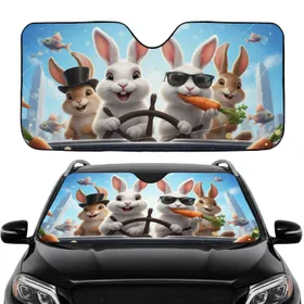 Rabbits Steering Carrots Flying Fish City Skyline - Animal Lover Road Trip Essentials Car Sunshade