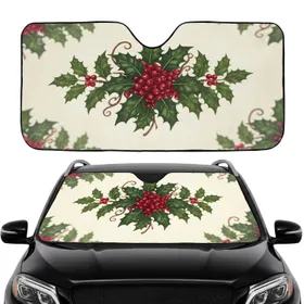 Red Holly Berries Deep Green Spiky Leaves Brown Stems - Christmas Holiday Decor Gift Car Sunshade