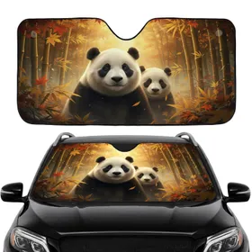 Two Pandas Golden Bamboo Autumn Leaves Forest Canopy - Wildlife Lover Gift Car Sunshade