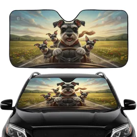 Schnauzer Dog Pack Driving Scenic Road Trip - Dog Lover Lifestyle Gift Car Sunshade