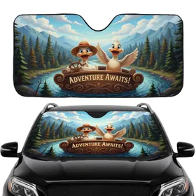 Cheerful Anthropomorphic Ducks River Forest Mountains - Adventure Travel Gift for Nature Lovers Car Sunshade