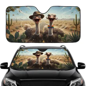 Ostriches with Fedora Spectacles Bow Tie Desert Road Trip - Travel Adventure Gift Car Sunshade