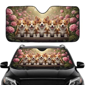 Smiling Corgi Puppies Wooden Ledge Garden Flowers - Dog Lover Lifestyle Gift Car Sunshade