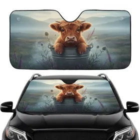 Baby Highland Cow in Bucket Scottish Moorland - Farmhouse Decor Gift for Cow Lover Car Sunshade