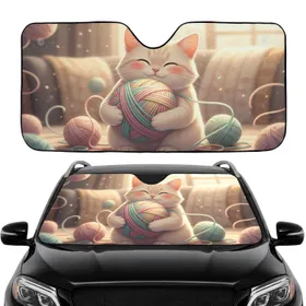 Smiling Cat Hugging Yarn Ball - Cat Lover Car Decor Gift Car Sunshade
