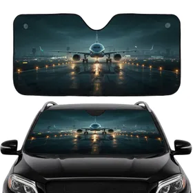 Airplane Landing Lights Wet Tarmac Runway Reflections Night - Aviation Enthusiast Gift Car Sunshade