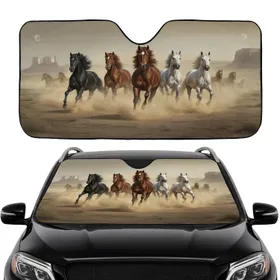 Black Brown White Thundering Herd Galloping Horses Arid Landscape - Horse Rider Gift Car Sunshade