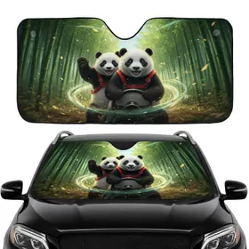 Two Giant Pandas Driving Lush Bamboo Forest - Adventure Seeker Wildlife Lover Gift Car Sunshade