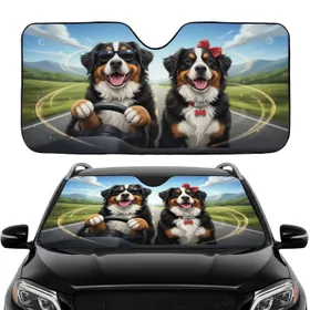 Bernese Mountain Dogs Driving Road Trip Adventure - Travel Enthusiast Gift for Dog Owners Car Sunshade
