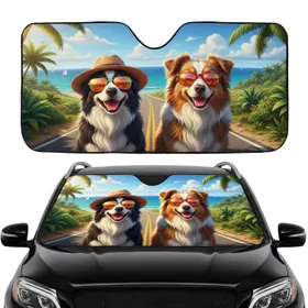 Border Collie Australian Shepherd Dogs Tropical Coastal Road Trip Adventure Car Sunshade