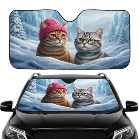 Pink Beanie Blue Collar Tabby Cats & Glasses in Frozen Winter Snowscape - Cat Lover Gift Car Sunshade