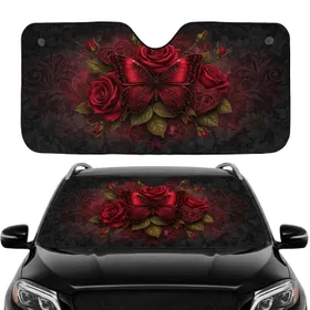 Red Butterfly Roses Gothic Baroque Scrollwork - Wildlife Lover Gift Car Sunshade