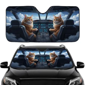 Ginger Maine Coon Cats Pilot Cockpit Blue Sky Clouds - Aviation Lover Gift Car Sunshade