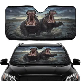 Powerful Shocked Hippos Dramatic African Savanna Scene - Wildlife Lover Gift Car Sunshade