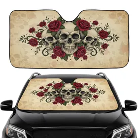 Aged Parchment Skulls Crimson Roses Dark Foliage - Gothic Lover Halloween Car Decor Gift Car Sunshade