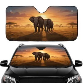 Majestic African Elephants Golden Savanna Sunset - Wildlife Lover Gift Car Sunshade