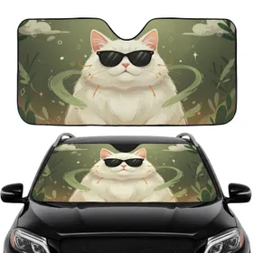 Plump White Cat Black Sunglasses Orange Whiskers Pink Ears Lush Greens - Cat Lover Gift Car Sunshade