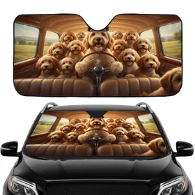 Smiling Golden Retriever Driving Classic Car with Puppies - Dog Lover Road Trip Gift Car Sunshade