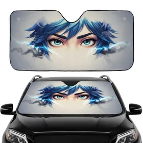 Intense Gaze Blue Eyes Spiky Hair - Animated Feature Character Design Art Gift Car Sunshade
