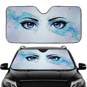 Blue Glistening Anime Eyes Starbursts Yellow Dots Swirls - Car Interior Decor Car Sunshade