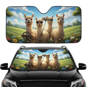 Alpacas Driving Rolling Green Hills Selfie - Travel Lover Gift for Alpaca Fans Car Sunshade