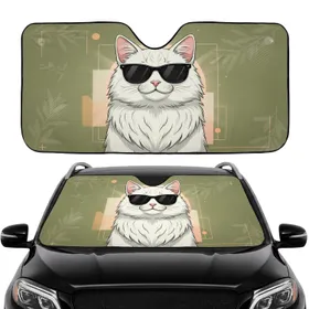 Fluffy White Cat Black Sunglasses Light Rays - Car Decor Gift for Cat Owners Car Sunshade