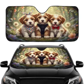 Fluffy Puppies Polka Dot Bandana Red Bow Tie Soft Focus Garden Dandelions - Puppy Lover Gift Car Sunshade