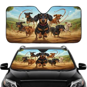 Prominent Black and Tan Dachshund Pack Rolling Hills Adventure - Dog Lover Gift Car Sunshade