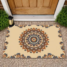 Mandala Lotus Floral Vines Blue Flowers Orange Blossoms Boho - Outdoor Home Decor Gift Doormat