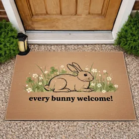 Black Outline Bunny Spring Flowers Welcome Text - Everyday Home Decor Gift Doormat